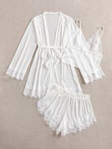 Crystal Vow 4pack Contrast Lace Mesh Lingerie Set With Robe & Belt Bridallingerie - White - View 3