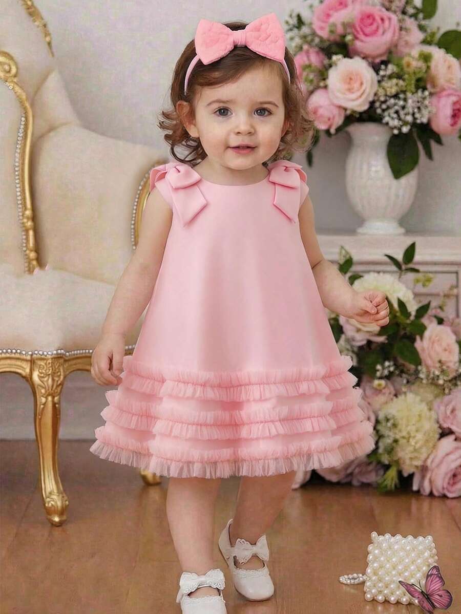Glamorique Kids 女婴粉色缎面薄纱连衣裙,配有可拆卸肩部蝴蝶结,适合玩耍、休闲、生日派对、公主正式场合穿着 - 粉色 - 查看 1
