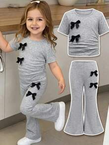 SHEIN Babygirl Casual Cute Knit Grey Bow Short Sleeve T-Shirt Elastic Waist Long Pants Set - Grey - View 1
