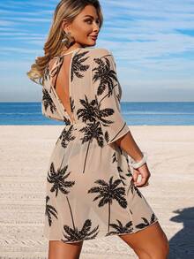Swim Lushoire Women's Spring/Summer Beach Outfit, Printed Waist-Cinched 3/4 Sleeve V-Neck Vacation Dress, Cover-Up Dress - Apricot - View 2