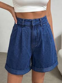 Slaydiva Plus Size Fashion Streetwear Pleated Denim Shorts With Pockets - Blue - View 5