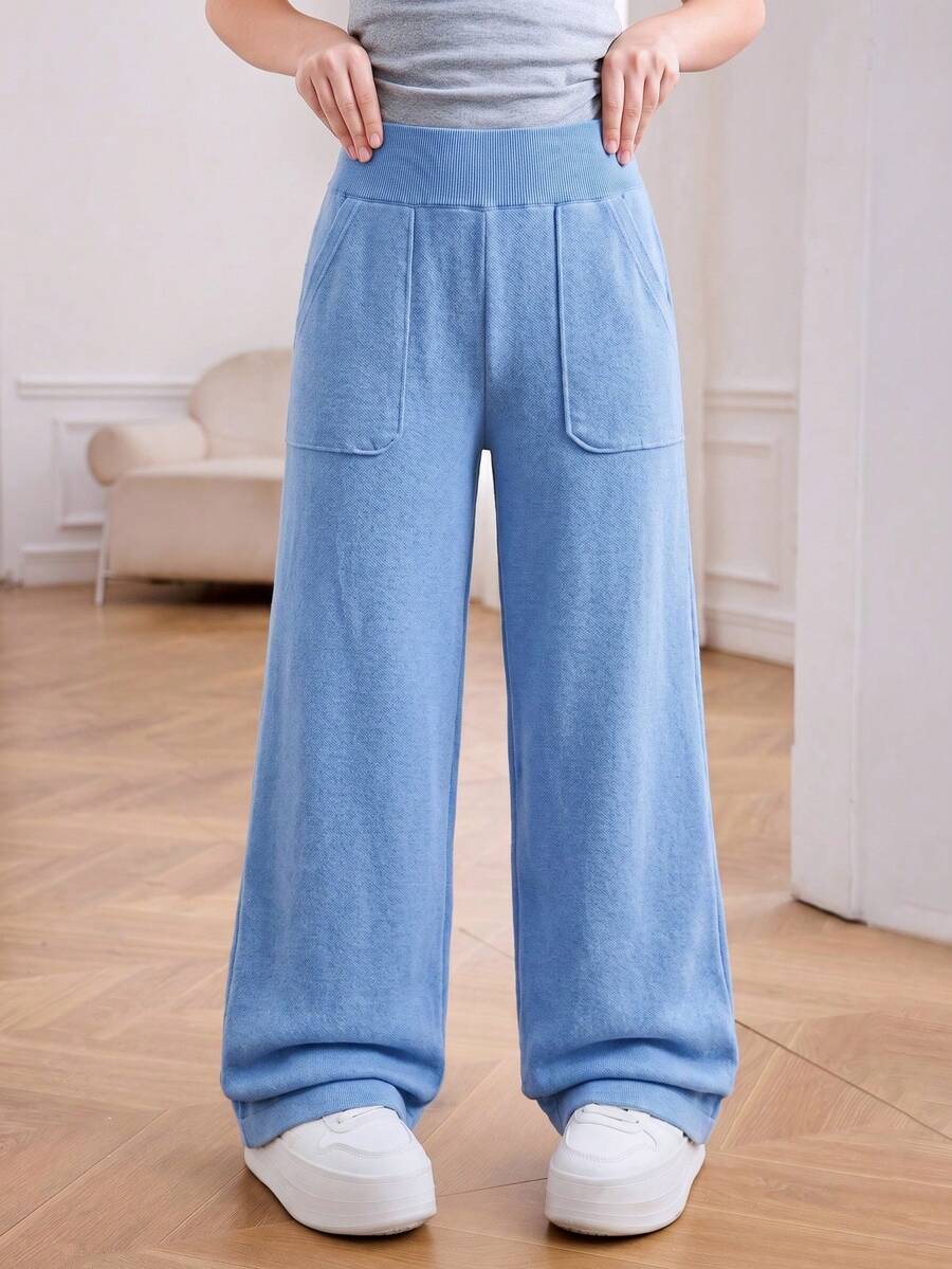 SHEIN 女童/青少年休闲基础款舒适瑜伽健身蓝色针织弹力修身喇叭直筒阔腿牛仔裤,柔软舒适,适合日常穿着,春、夏、秋、冬四季皆宜,适合跑步、慢跑、瑜伽、跳舞等运动。 - 藍色 - 查看 1