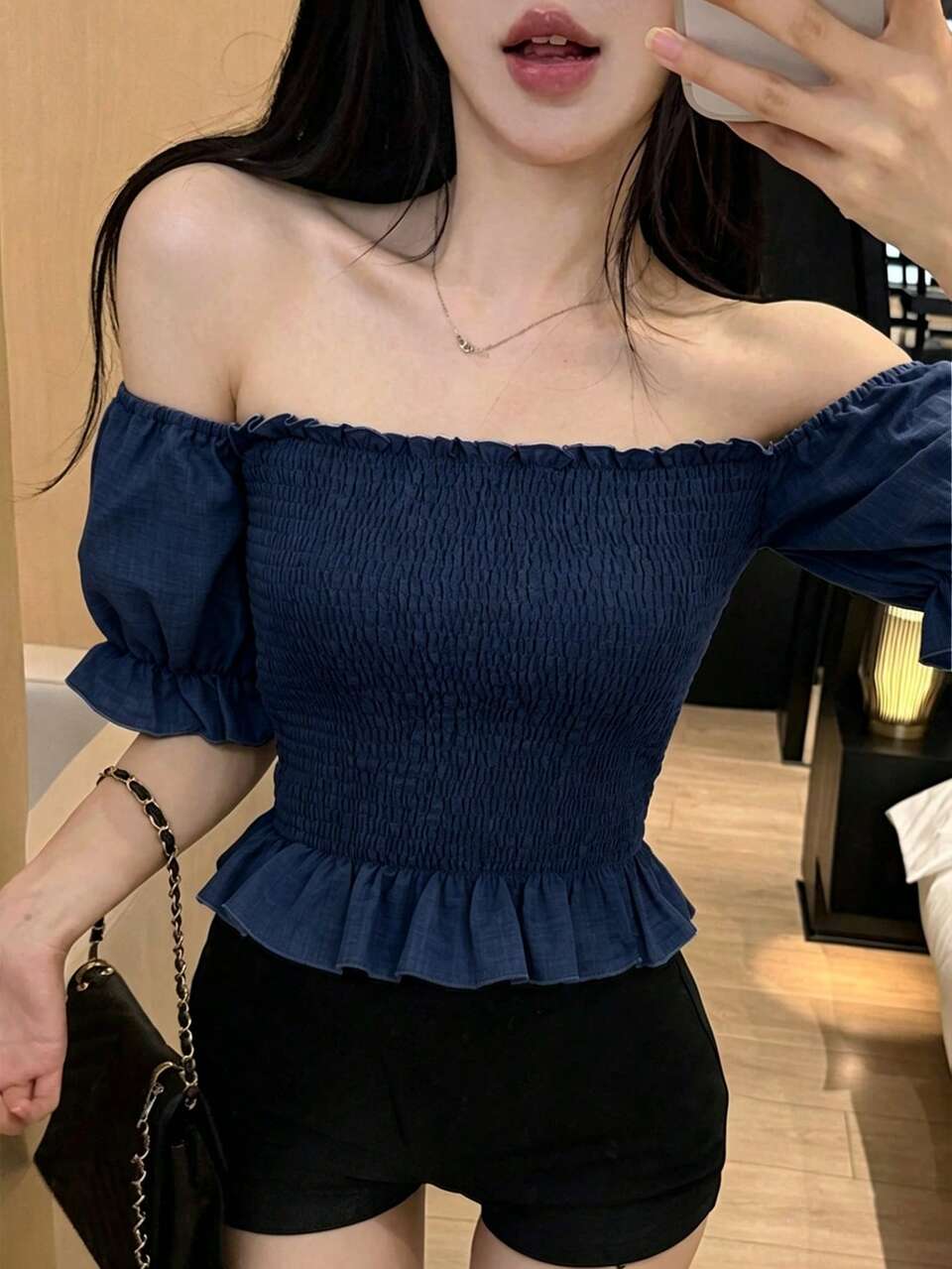 Summer Faux Denim Off-Shoulder Bandeau Style Ruched Waist Shirt Casual Vacation Elegant Ruffle Patchwork Short Sleeve Women's Top Vacation Navy Blue