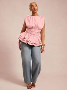 Vixey Woven Round Neck Ruched Sleeveless Layered Peplum Hem Top - Pink - View 4