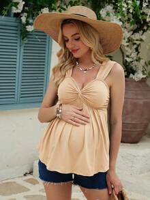 SHEIN Maternity Solid Color Twist Design Casual Wide Strap Tank Top - Apricot - View 3