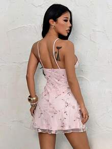 SHEIN PETITE Women's Elegant Sexy Pleated Cup Embroidered Solid Color Fitted A-Line Mini Dress - Pink - View 2