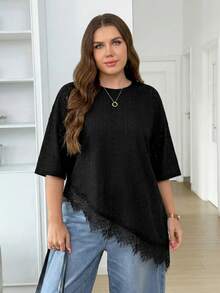 SHEIN LUNE Plus Size Black Lace Patchwork Asymmetric Hem T-Shirt Everyday Summer Elegant Everyday Tea Party - Black - View 6