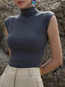 DAZY Solid High Neck Cap Sleeve Tee - Grey - View 12