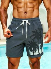 Surfspeed Plus Size Men's Palm Tree Print Drawstring Waist Beach Shorts Holiday / Vacation / Beach / Hawaii / Tropical / Swim /  Bathing - Dark Grey - View 3