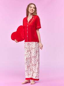 Notgurli Women's Casual, Home Open-Front Short Sleeve Top And Long Pants Set - Red - View 4