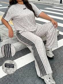 Muchica 大码女式豹纹条纹短袖T恤和休闲裤套装 - 彩色 - 查看 7