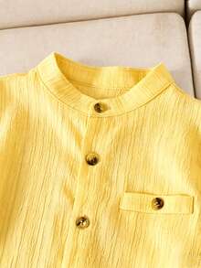SHEIN Genkimix Kids Young Boy Stand Collar Short Sleeve Yellow Shirt With Pocket - Yellow - View 5