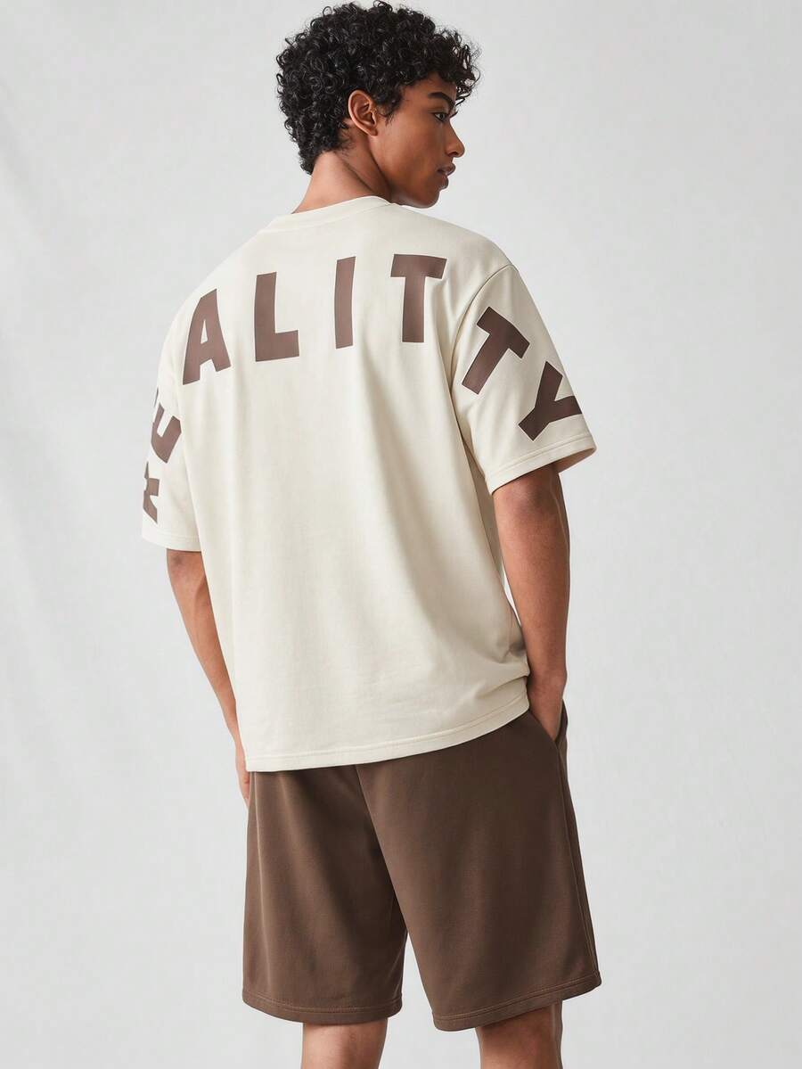 SWAVVY Men's Letter Print Short Sleeve Casual T-Shirt And Shorts Set - Brown - View 1