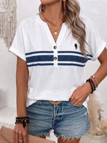 Plus Size Henley Neck Striped T-Shirt, Polo Horse Short Sleeve Casual Top For Women - Multicolor - View 5