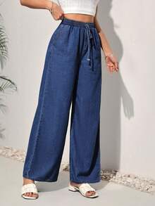 SHEIN PETITE CURVE 大码女式纯色打结休闲阔腿牛仔裤，松紧腰设计，夏季牛仔裤，情人节款 - 深色水洗藍 - 查看 4