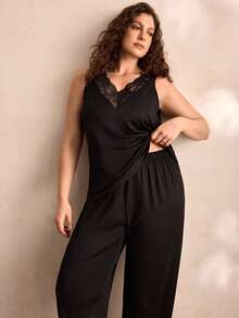 Charlaine Plus Size Solid Color V-Neck Lace Patchwork Sleeveless Top And Pants Summer Pajama Set - Black - View 1