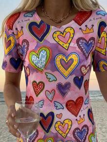 Vaclyn Summer Beach Round Neck Geometric Print Short Sleeve Cover-Up - Multicolor - View 6