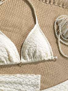 SHEIN Teen Girls Summer Beach Vacation Solid Color Jacquard Bikini Set - Apricot - View 4