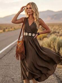 LanaWest Women's Summer Shirred Sleeveless Waist Splicing Crochet Trim Waist-Cinched Shirred A-Line Western Casual Vacation Dress - Coffee Brown - View 5