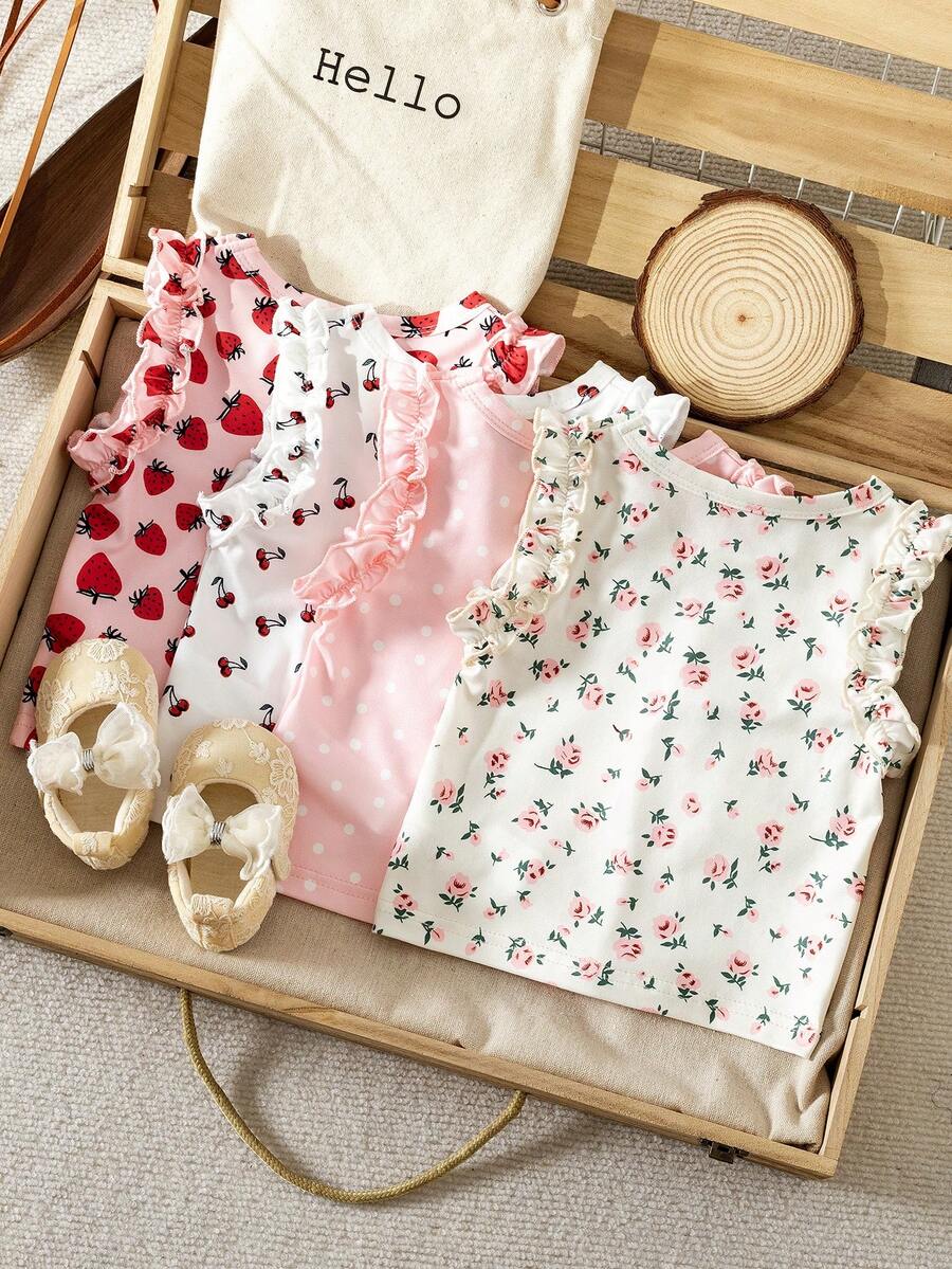 SHEIN Vintaside Kids 3件組女嬰夏季休閒套裝 可愛白色與粉色素色 & 條紋上衣 荷葉邊袖 舒適度假出遊日常穿搭 - 粉色 - 查看 1