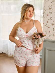 CottageSlumber Plus Size Floral Pattern Lace Patchwork Frill Trim Pajama Set - White - View 3