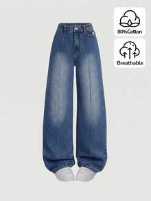 SHEIN Teen Girls Dark Blue Summer Cute Holiday Back-To-School Y2K Bohemian Floral Pullover Sweater And Embroidered Loose Wide Leg Jean Pants Set, - Medium Wash - View 5