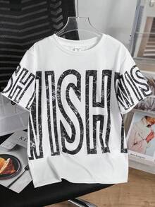 SHEIN 儿童/青少年男孩灰色短袖休闲简约针织T恤，饰有大号字母图案，适合返校、郊游、聚会、度假、春夏穿着。 - 白色 - 查看 4