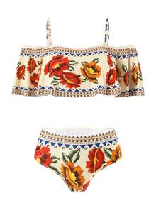 Swim Oasis Set Bikini Wanita Seksi Model Bandeau Tanpa Bahu dengan Tali Bahu yang Dapat Dilepas, Motif Bunga dan Hiasan Ruffle, untuk Liburan Pantai Musim Semi/Panas, Perjalanan dan Gaya Jalanan + Celana Pantai Jala Motif Bunga yang Serasi - MultiWarna - View 3