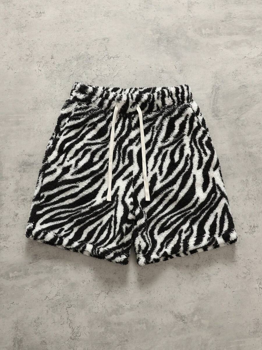 ROMWE MEN Men's Zebra Print Plush Fabric Loose Shorts - Black and White - View 1