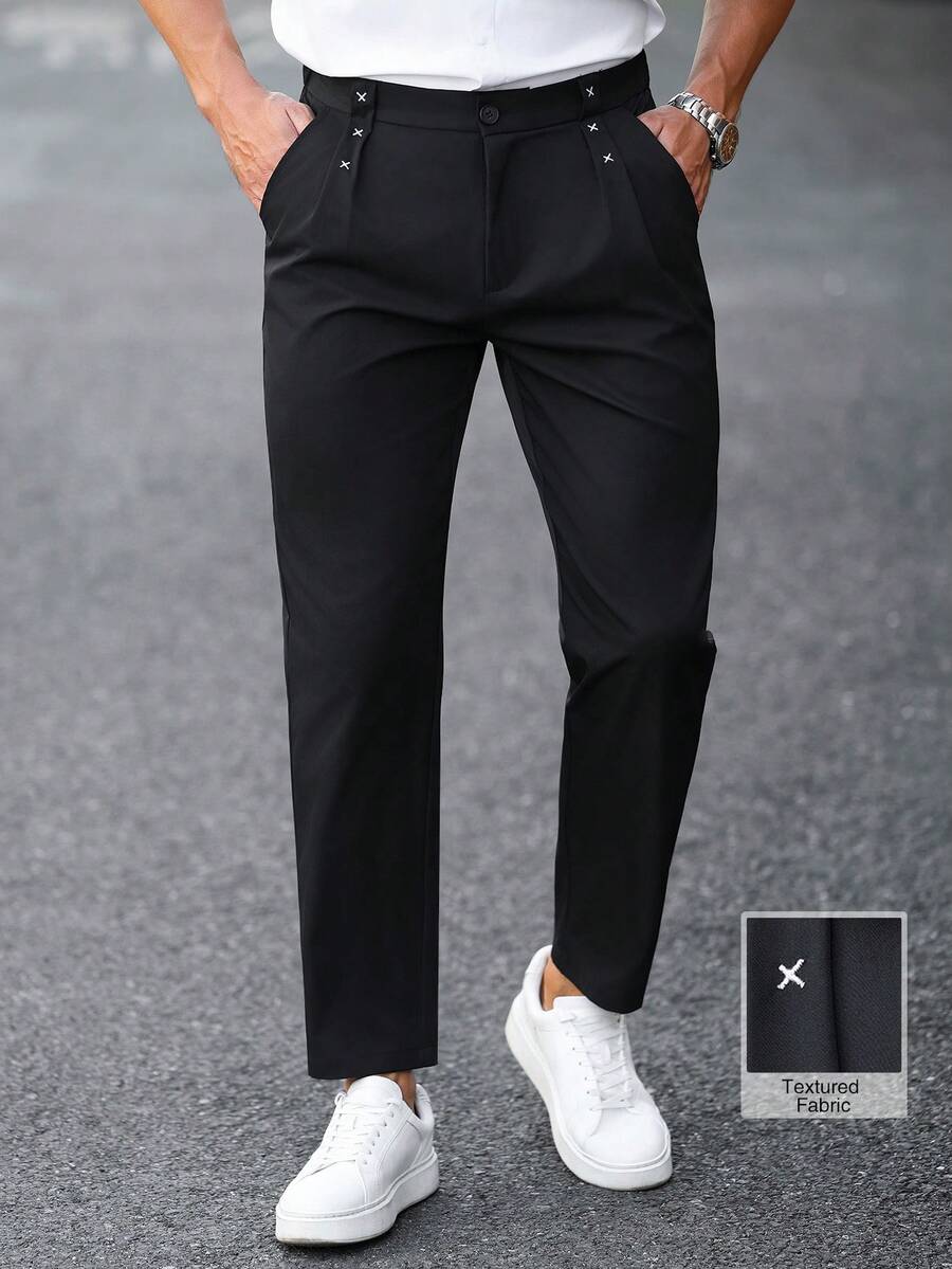 Manfinity Mode Men's Black Pleated Dress Pants,Summer Business Casual Smart Office Wear With Decorative Stitching,Suitable For Workplace,Dating,And Gifting - Black - View 1