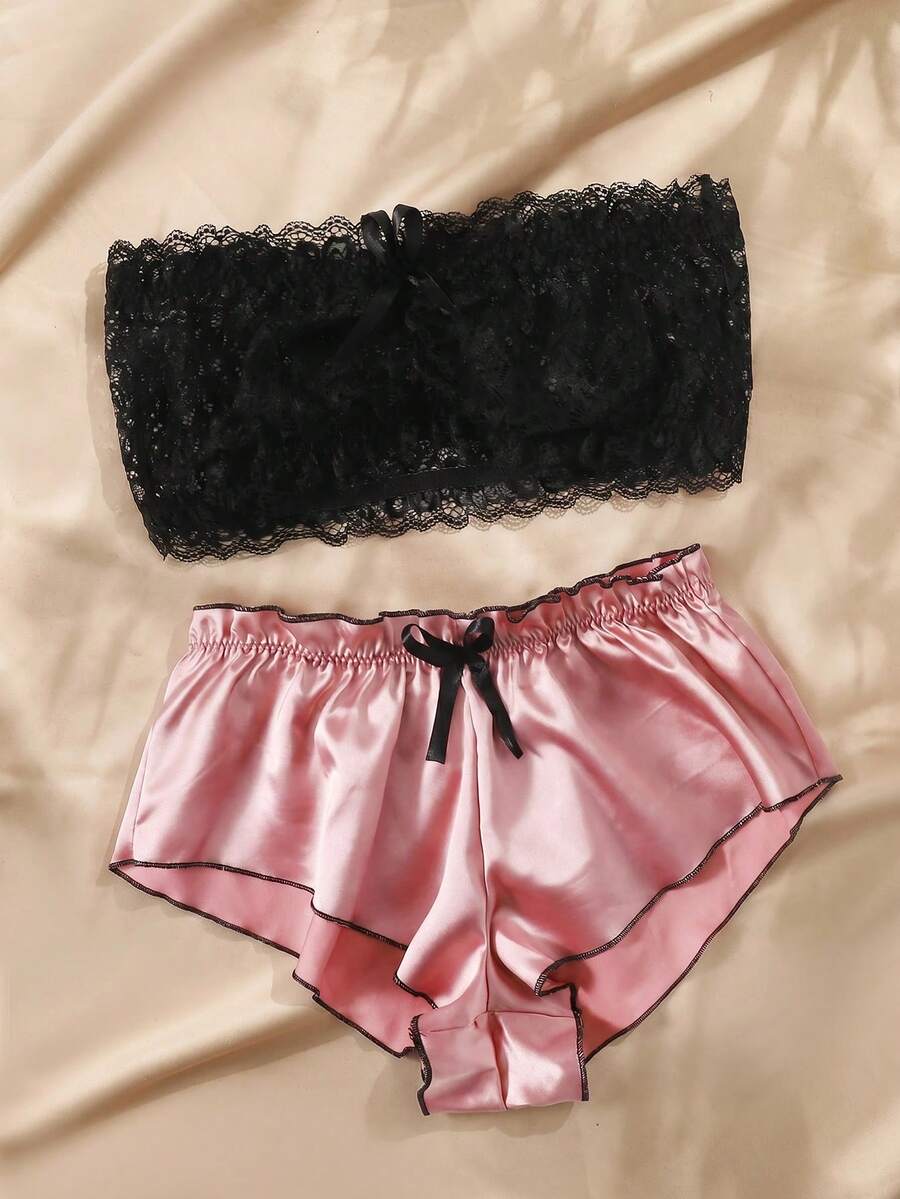 SHEIN Sujetador bandeau de encaje floral con shorts de satén, lencería - Multicolor - Ver 1