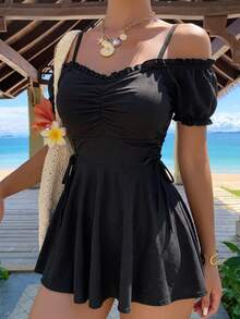 DAZY Solid Frill Trim One Piece Swimsuit Summer,Beach Women Outfits Vacation - Black - View 13