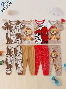 Baby Boy Casual Cartoon Bear Pattern Slim Fit Round Neck Comfortable Short Sleeve Pants Pajamas, Suitable For Spring & Summer 4 SETS RANDOM Snug Fit - Multicolor - View 3
