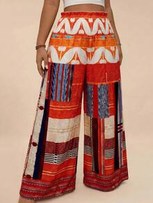 Travachic Plus Size Contrast Color Vintage Loose Straight Casual Pants - Multicolor - View 4