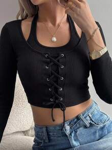 DAZY Women Spring Design Sense Cross Strap Tight Crop Top With Long Sleeve And Hollow Out Stripes Going Out Tops Women - Black - View 8