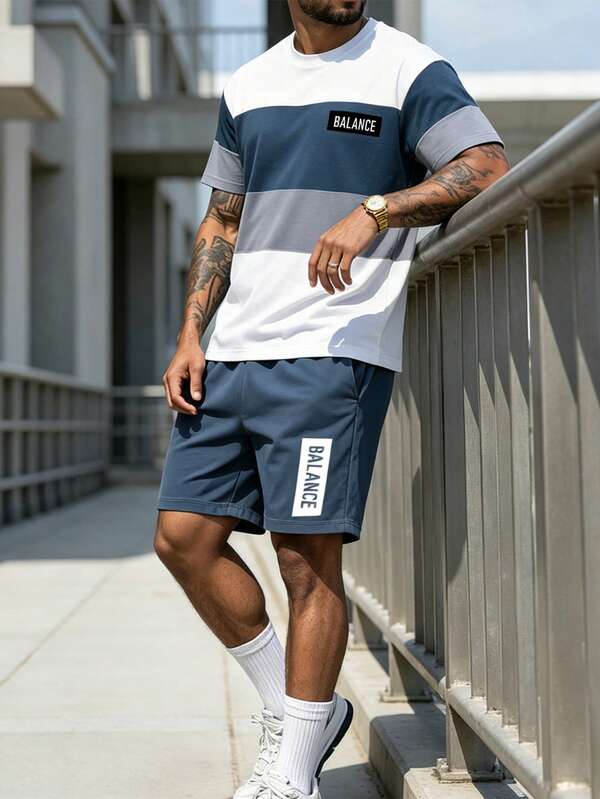 Sorvial Men's Casual Color Block Print T-Shirt Set, Men's 2-Piece Set