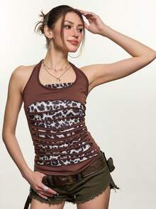 INAWLY Blusa casual de mujer con estampado de leopardo y parches, con cuello halter y lazos, adecuada para citas y fiestas - Multicolor - Ver 1