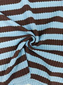 Ceyna Plus Size 2pcs Casual Knit Striped Short Sleeve Top And Shorts Set, Spring/Summer - Coffee Brown - View 5