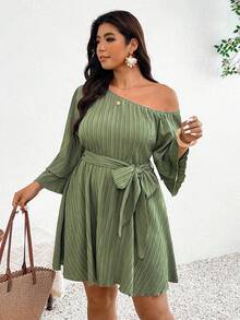 SHEIN Frenchy Plus Size Autumn Belted Asymmetrical Neckline Ruffle Sleeve One Shoulder Dress Elegant Vacation Going Out Cocktail Tea Party Wedding Guest Sage Green - Green - View 2