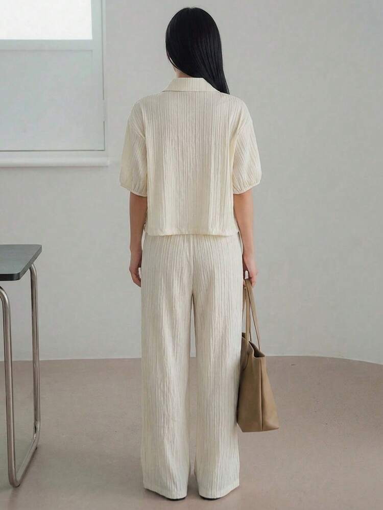 Women's Solid Color Zip-Up Short Sleeve Top And Long Pants 2-Piece Casual Outfit, Spring/Summer