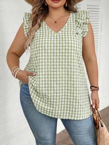 SHEIN CURVE+ Plus Size Women's Casual Polka Dot Print Ruffle V-Neck Blouse, Summer - Green - View 5