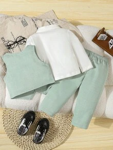 SHEIN 2 件套正式男婴绅士西装 - 纯色背心 + 裤子套装，不含衬衫，不含配饰，适合 6 个月至 3 岁儿童，适合婚礼、表演、派对、生日、圣诞节、毕业典礼 - 婴儿、幼儿、儿童 - 綠色 - 查看 2