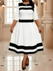 SHEIN Lady CURVE 大码优雅通勤撞色条纹连衣裙 - 白色 - 查看 5