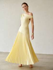 MOTF PREMIUM SPRING/SUMMER WOMEN'S ELEGANT PLEATED LONG COMMUTER DRESS HOLIDAY PALE YELLOW GARDEN PARTY BRUNCH - Yellow - View 6