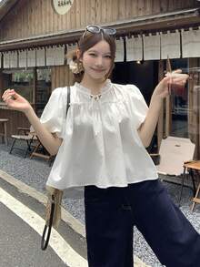 DAZY 女款圓領韓系純色街頭風清新春夏百搭度假可愛上衣 - 白色 - 查看 1
