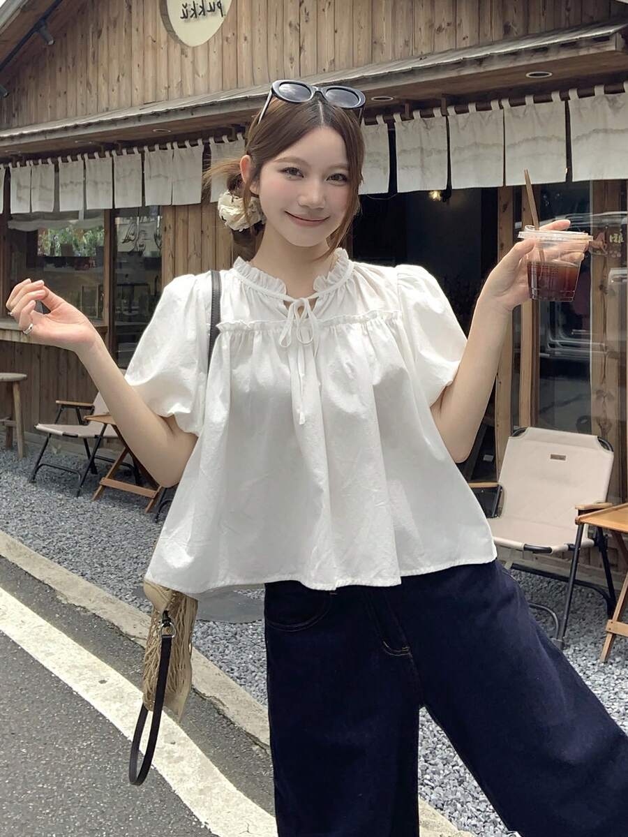 DAZY 女款圓領韓系純色街頭風清新春夏百搭度假可愛上衣 - 白色 - 查看 1