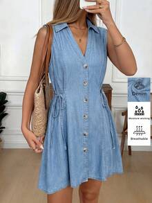 SHEIN LUNE Women's Lapel Single-Breasted Side Waist Tie Casual Sleeveless Denim Dress., Casual, Commuter, Date, Party, Elegant, Summer Outfits, Vacation, Holiday - Blue - View 5