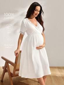 GentleRue Maternity 法式復古孕婦洋裝，棉質蕾絲拼接，V領短袖抓皺腹部設計，夏季寬鬆舒適，優雅哺乳洋裝 - 白色 - 查看 8
