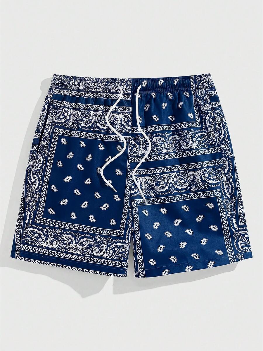 NEON BLANC Men's Cashew Pattern Print Drawstring Waist Casual Knit Shorts - Blue - View 1