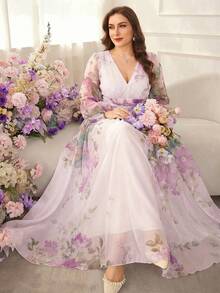Modelyn 大码女式印花优雅收腰A字连衣裙 - 紫色 - 查看 2